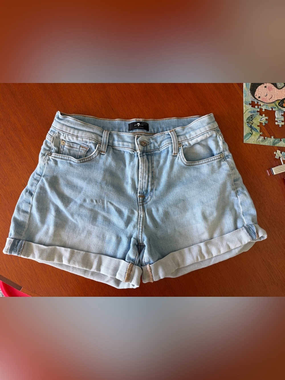 7 For All Mankind Light Blue Rolled-Hem Denim Shorts M-17